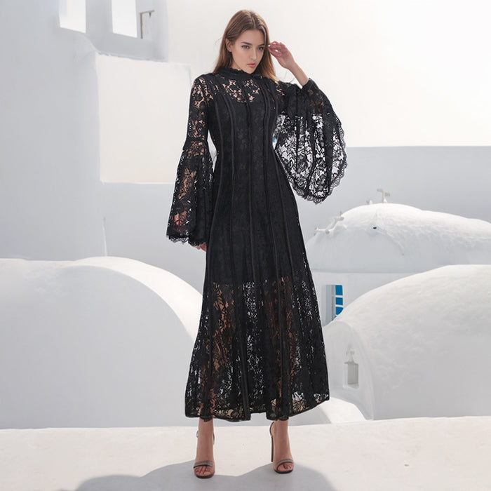 French Elegant Retro Spring Summer Lace Embroidered Neckline Heavy Duty Pleated Maxi Dress Women-Fancey Boutique