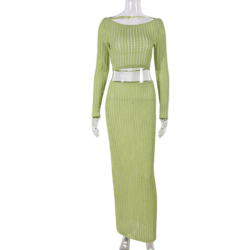 Bonter Summer Backless Striped Long Sleeve Commuting Skirt Set-Green-Fancey Boutique