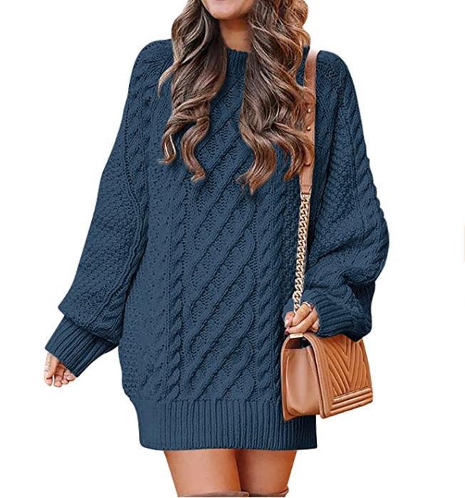 Color-Purplish blue-Round Neck Long Sleeve Twisted Knitted Thick Needle Pullover Mid Length Sweater Women Dress-Fancey Boutique