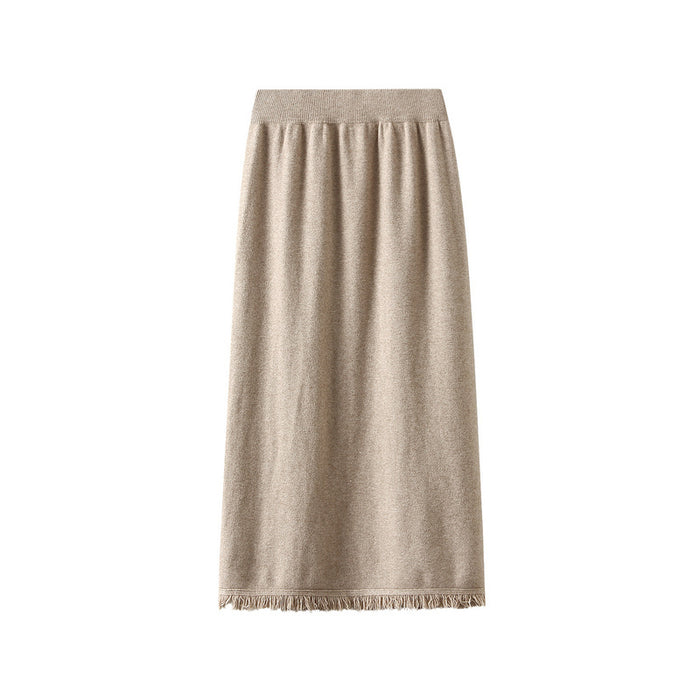 Color-Flower Card-Tassel Knitted Dress Split Skirt Autumn Winter High Waist Slimming A Line Skirt-Fancey Boutique