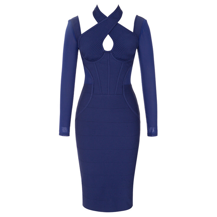 Simple Retro Long Sleeve Backless Halter Back Slit Dress Dress-Navy Blue-Fancey Boutique