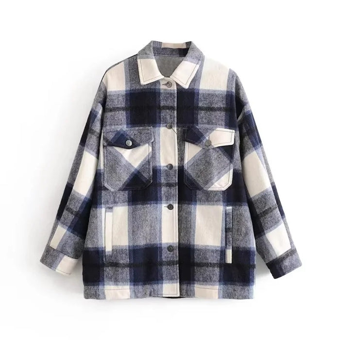 Color-Blue-Women Plaid Shirt Soft Woolen Coat Sweet Casual Autumn Winter Women Top-Fancey Boutique