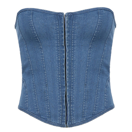 Color-Blue-Street Cool Waist Tight Corset Lace-up Vest sexy off-Shoulder Sexy Denim Split Wrapped Chest-Fancey Boutique