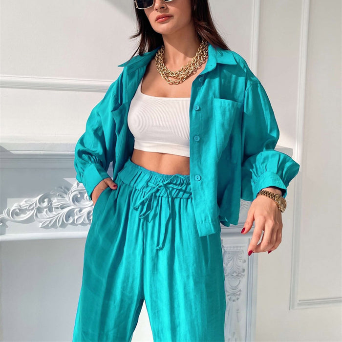 Color-Women Commuting Wear Spring Summer Polo Collar Shirt Top Split Wide Leg Pants Two Piece Set Casual Set-Fancey Boutique