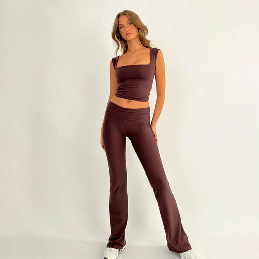 Color-Women Clothing Solid Color Square Collar Vest Bootcut Pants Suit Yoga Fitness Sports Two Piece Summer-Fancey Boutique