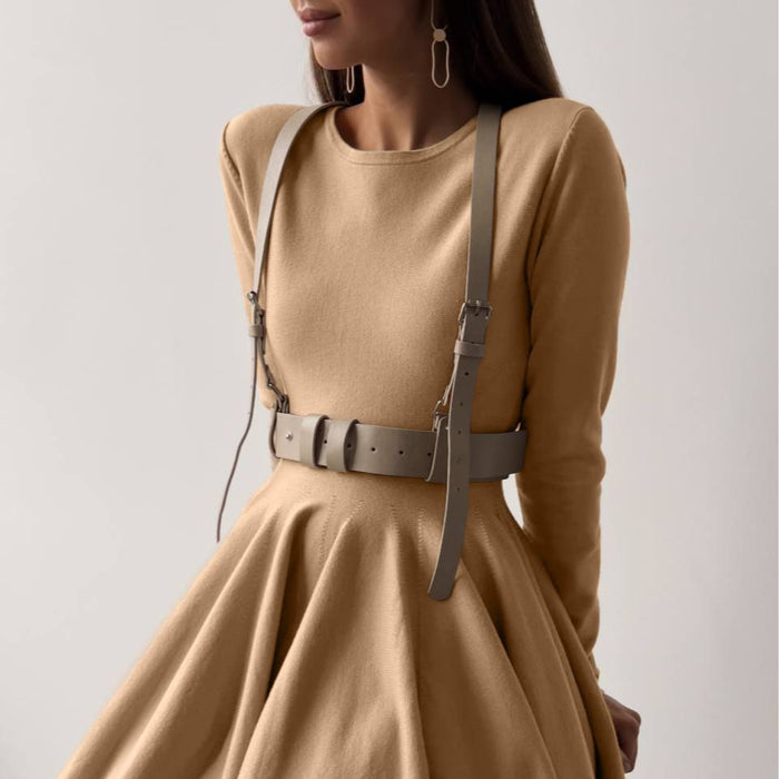 Round Neck Waist Trimming Knitted Dress Women All Match Advanced Pleated Woolen-Fancey Boutique