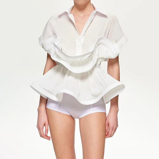 Summer Polo Collar Ruffled Stitching Design Tight Waist Slimming High Grade Short Sleeve Shirt for Women-White-Fancey Boutique