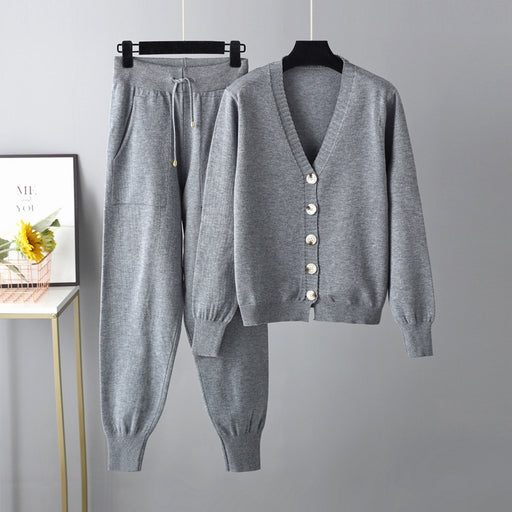 Color-Gray-Autumn Winter V neck Cardigan Sweater Harem Pants Suit Solid Color Cardigan Two Piece Sweater-Fancey Boutique