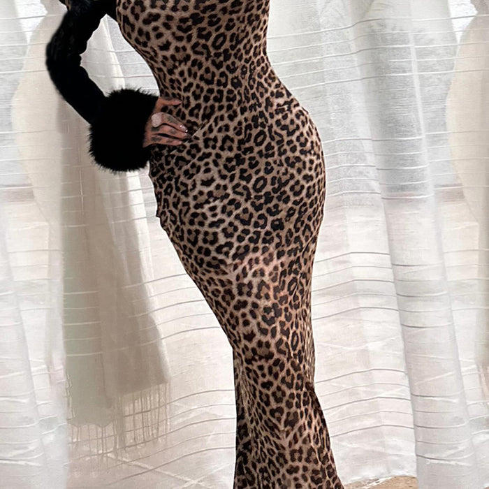 Leopard Print Patchwork Tulle Side Sexy Sling Double Layer Dress-Fancey Boutique