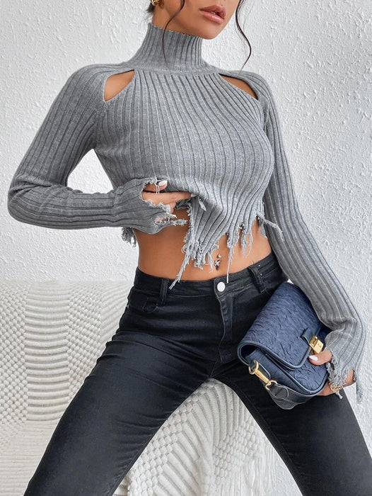 Knitted Sweaters Women Clothing Turtleneck Long Sleeve Distressed Sexy Cutout Short Cropped Exposed Design Sweater-Light Gray-Fancey Boutique