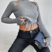 Knitted Sweaters Women Clothing Turtleneck Long Sleeve Distressed Sexy Cutout Short Cropped Exposed Design Sweater-Light Gray-Fancey Boutique