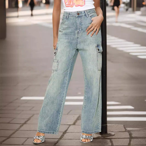 Retro Large Workwear with Pocket Jeans Women High Street Fashionable Loose Wide Leg Pants Spring Clothing-Retro blue-Fancey Boutique