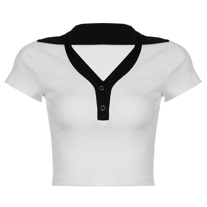 Contrast Color Polo Collar Breasted Sexy Low Cut Cropped Top Sexy Slim Fit All Match Slimming Casual Short Sleeve-White-Fancey Boutique