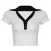 Contrast Color Polo Collar Breasted Sexy Low Cut Cropped Top Sexy Slim Fit All Match Slimming Casual Short Sleeve-White-Fancey Boutique