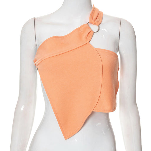 Color-Orange-Solid Color Diagonal Collar Sleeveless Lace-up Backless Asymmetric Women Clothing Top Vest-Fancey Boutique