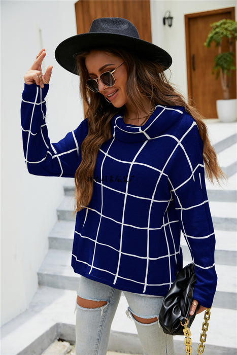 Color-Purplish blue-Winter Plaid Sweater Pullover Turtleneck Pullover Plaid Knitwear for Women-Fancey Boutique