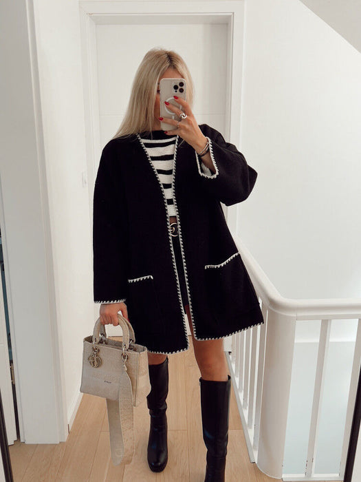 Color-Black-Women Color Contrast Woolen Coat Autumn Winter-Fancey Boutique