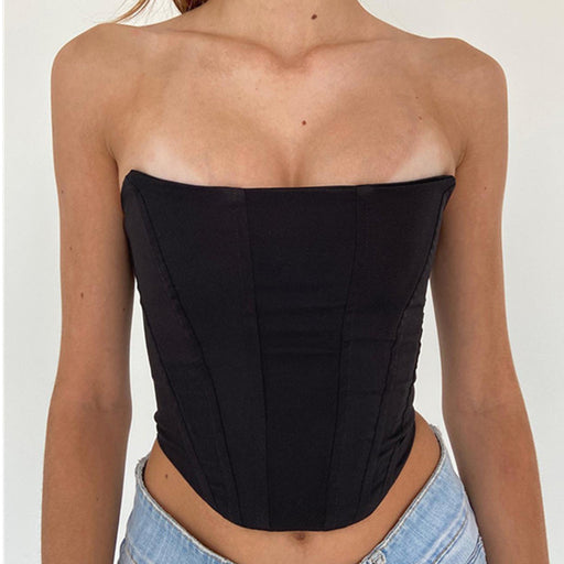 Color-Black-Summer Backless off Shoulder Sexy Bandage Tube Top Strapless Corset Short Top-Fancey Boutique