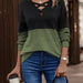 Color-Black Green-Autumn Winter V Neck Cross Color Contrast Patchwork Drop Shoulder Sleeve Casual T Women Top-Fancey Boutique