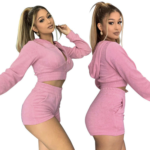 Color-Pink-Autumn Hooded Cropped Long Sleeve Tight Shorts Sports Suit Women-Fancey Boutique