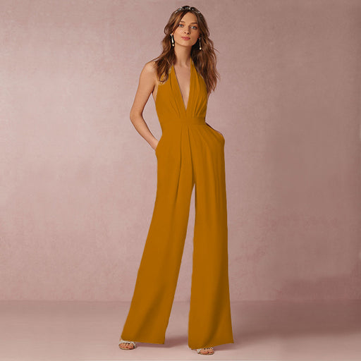 Color-Yellow Orange-Spring Autumn Creative Women Sexy Sleeveless Halter Pocket Loose Jumpsuit-Fancey Boutique