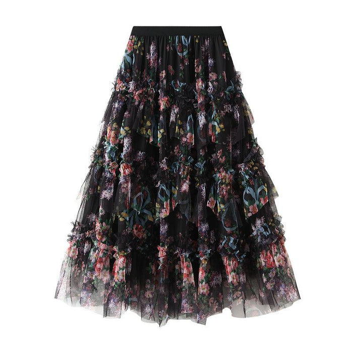 Color-Black-Irregular Asymmetric Stitching Color Floral Mesh Skirt Women Spring French Royal Elegant A line Skirt-Fancey Boutique