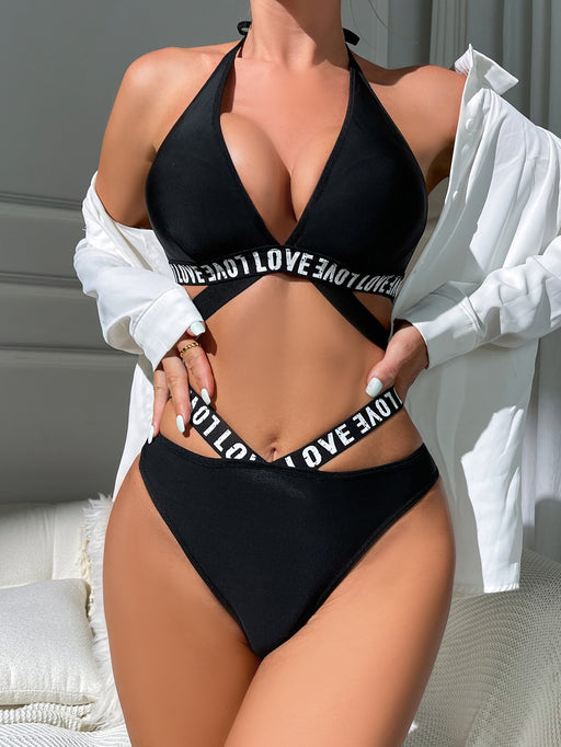 Color-Black-Sexy Hollow Out Cutout Backless Letter Graphic Strap Three Point Sexy Lingerie Set-Fancey Boutique