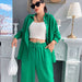 Color-Spring Casual Set Solid Color Polo Collar Long Sleeve Shirt Top Harem Pants Two Piece Set-Fancey Boutique
