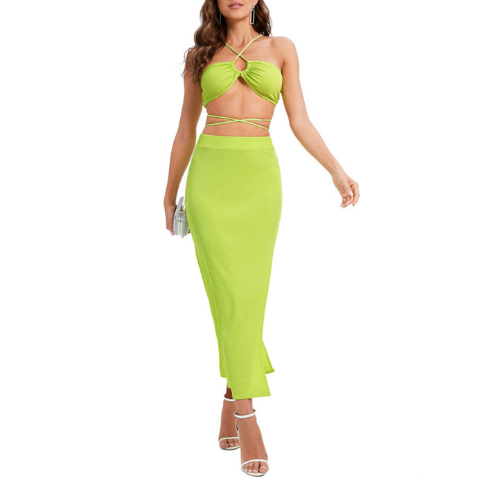 Color-Fluorescent Green-Sexy Backless Underwaist Skirt Sexy Solid Color Two Piece Set Women-Fancey Boutique