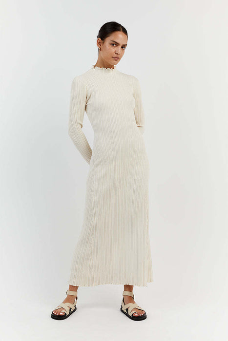 Autumn Winter Knitting Stringy Selvedge Dress Waist Tight Turtleneck Messy Sunken Stripe Core Spun Yarn Slimming Knitted Maxi Dress Women-White-Fancey Boutique