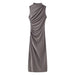 Color-Brown-Women Clothing Stand Collar Sleeveless Straight Slim Pleated Decoration Midi Dress-Fancey Boutique