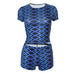 Women Clothing Summer Diamond Lattice Printed round Neck Short Sleeve Top Shorts Casual Set-Blue-Fancey Boutique