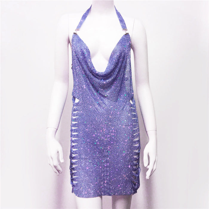 Women Clothing Popular Metal Rhinestone Dress Sexy Party Nightclub Halter Dress Women-Sapphire Blue-1-Fancey Boutique