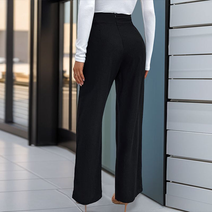 Fall Women Clothing Solid Color With Buckle High Waist Straight Pants-Fancey Boutique