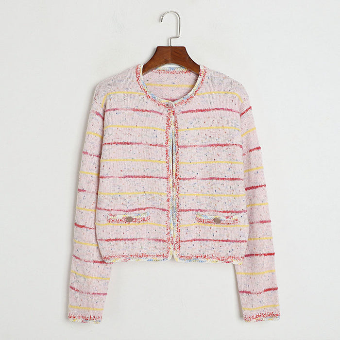 Color-Multi-Colored Stripe Cardigan KZ Pink-Classic Pink Sweet Knitted Two Piece Summer Autumn Striped Color Matching Cardigan Shorts sets-Fancey Boutique