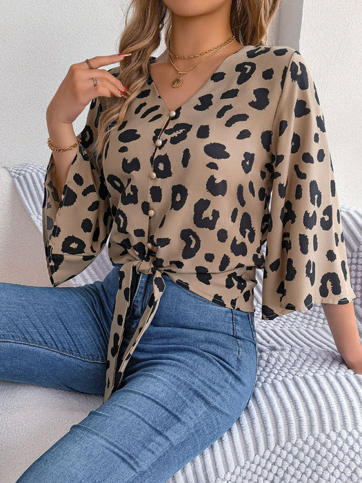 Color-Khaki-Spring Summer Casual Leopard Print Self Tie Chiffon Shirt Top Women Clothing-Fancey Boutique