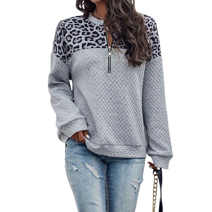 Color-Gray-Winter Leopard Splicing Drop Shoulder Zipper Sweater Women Casual Thermal Long Sleeve Top Women-Fancey Boutique