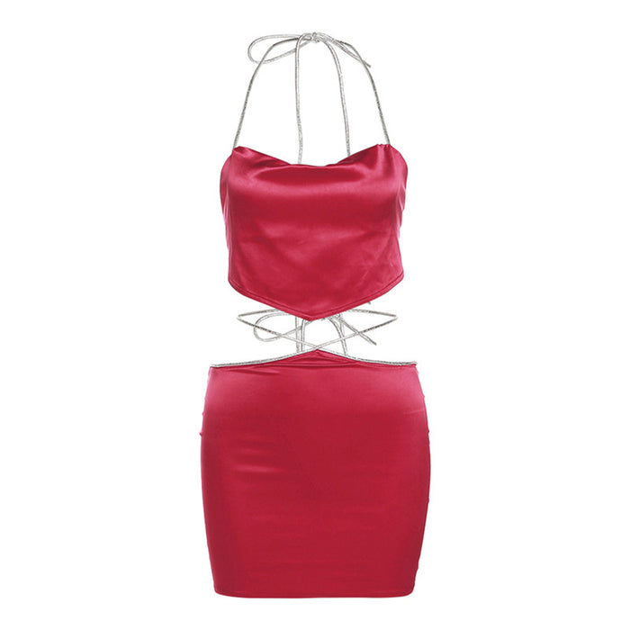 Color-Red-Spring Women Clothes Halter Backless Slim Fit Tank Top High Waist Sexy Hip Bag Skirt Set-Fancey Boutique