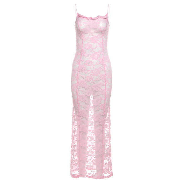 Summer Women Collection Sexy Sling Backless Lace See through Tight Maxi Dress-Pink-Fancey Boutique