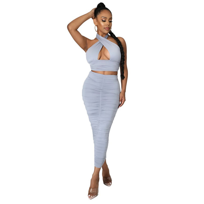 Color-Silver-Summer Sexy Solid Color Tight Ruffle Hip Women two piece set-Fancey Boutique