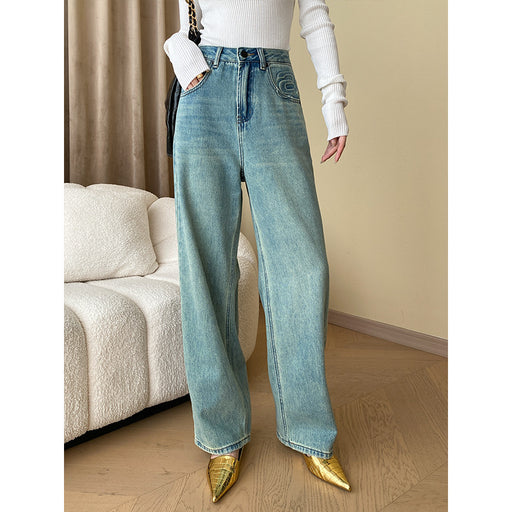 French Fashionable Letters Early Autumn Special Washed Straight Jeans Slim Wide Leg Pants-Blue Regular Style-Fancey Boutique