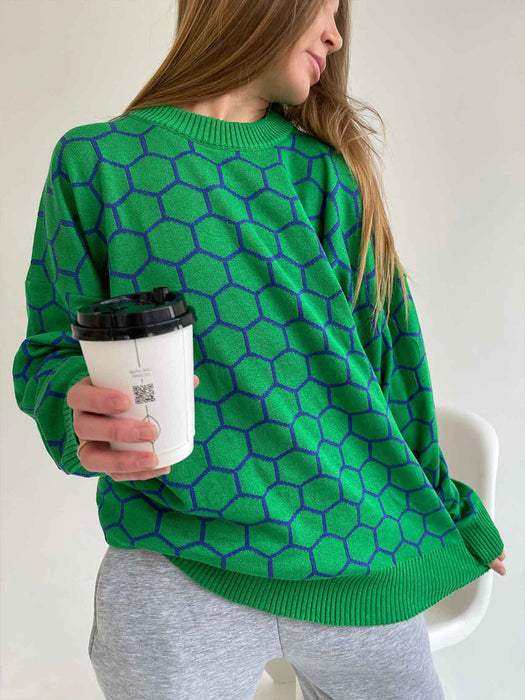 Round Neck Bee Sweater Autumn Winter Loose Lattice Pullover Sweater for Women-Green and Blue-Fancey Boutique