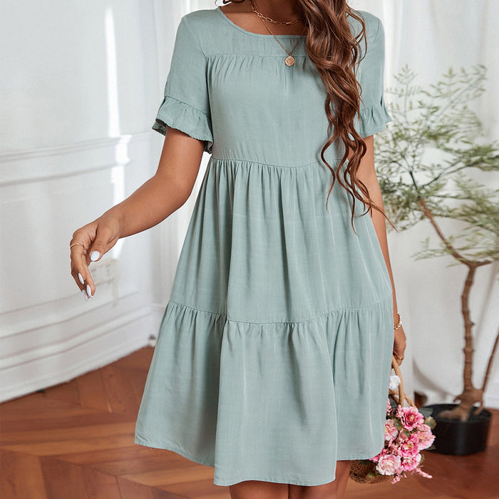 Color-Mint-Summer Women Clothing Loose round Neck Collar Tree Fungus like Lacework Short Sleeve Dress Women-Fancey Boutique