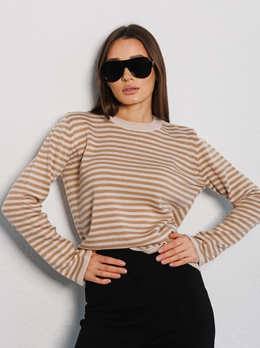 Striped Sweater Autumn Trendy Thread Contrast Color round Neck Knitted Striped Sweater-Khaki-Fancey Boutique