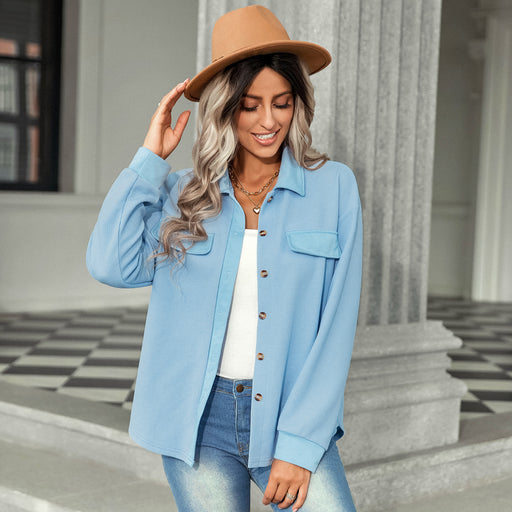 Color-Light Blue-Women Clothing Autumn Waffle Top Women Faux Pocket Knit Shirt Shacket-Fancey Boutique