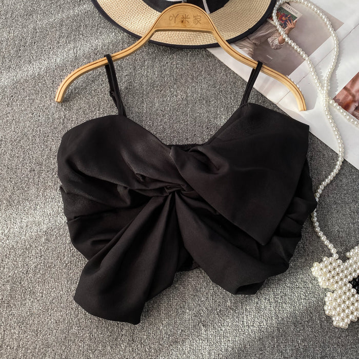Color-Black-【MOQ-5 packs】 Pure Sweet Bow Suspenders Vest Women Outer Wear Sexy Slim Fit Slimming Short Cropped Top-Fancey Boutique