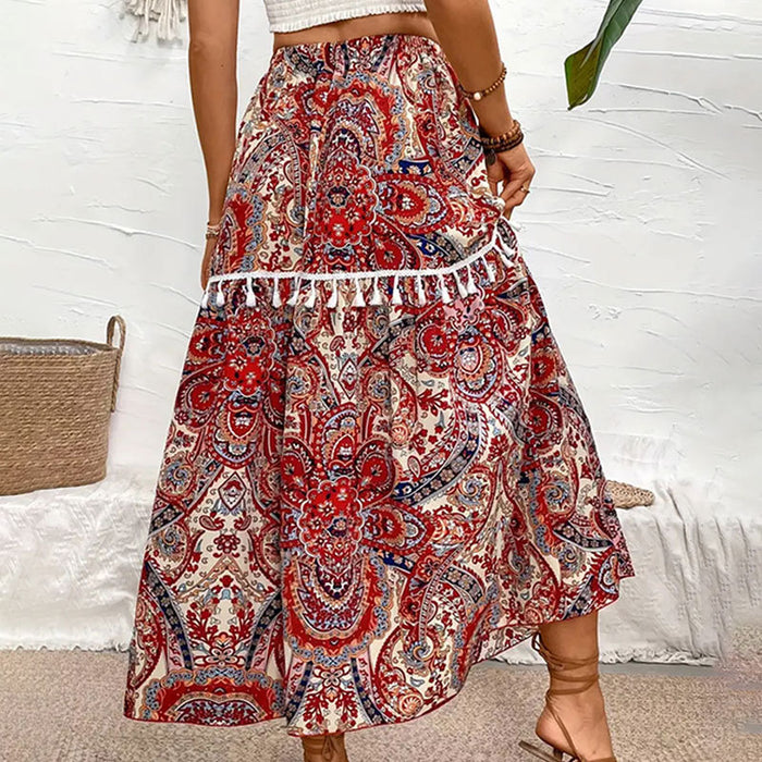 Printed Elastic Waist Tassel Long Skirt Spring Summer High Grade Ethnic Skirt Women-Fancey Boutique