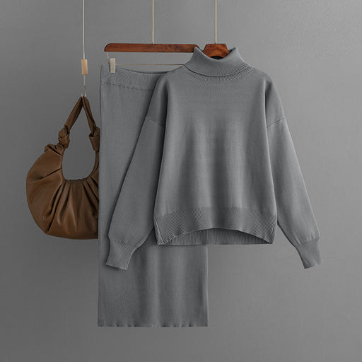 Color-Gray-Knitting Suit Women Autumn Winter Solid Color Turtleneck Sweater Sheath Skirt Two Piece Set-Fancey Boutique