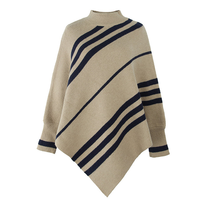 Color-Khaki-Autumn Winter Cape Shawl Women Sweater round Neck Striped Sweater-Fancey Boutique
