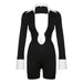 Color-Black-Women Clothing Sexy Sexy Cutout Deep V Plunge-neck Collared Shirt Backless Lace up Long Sleeve Jumpsuit-Fancey Boutique